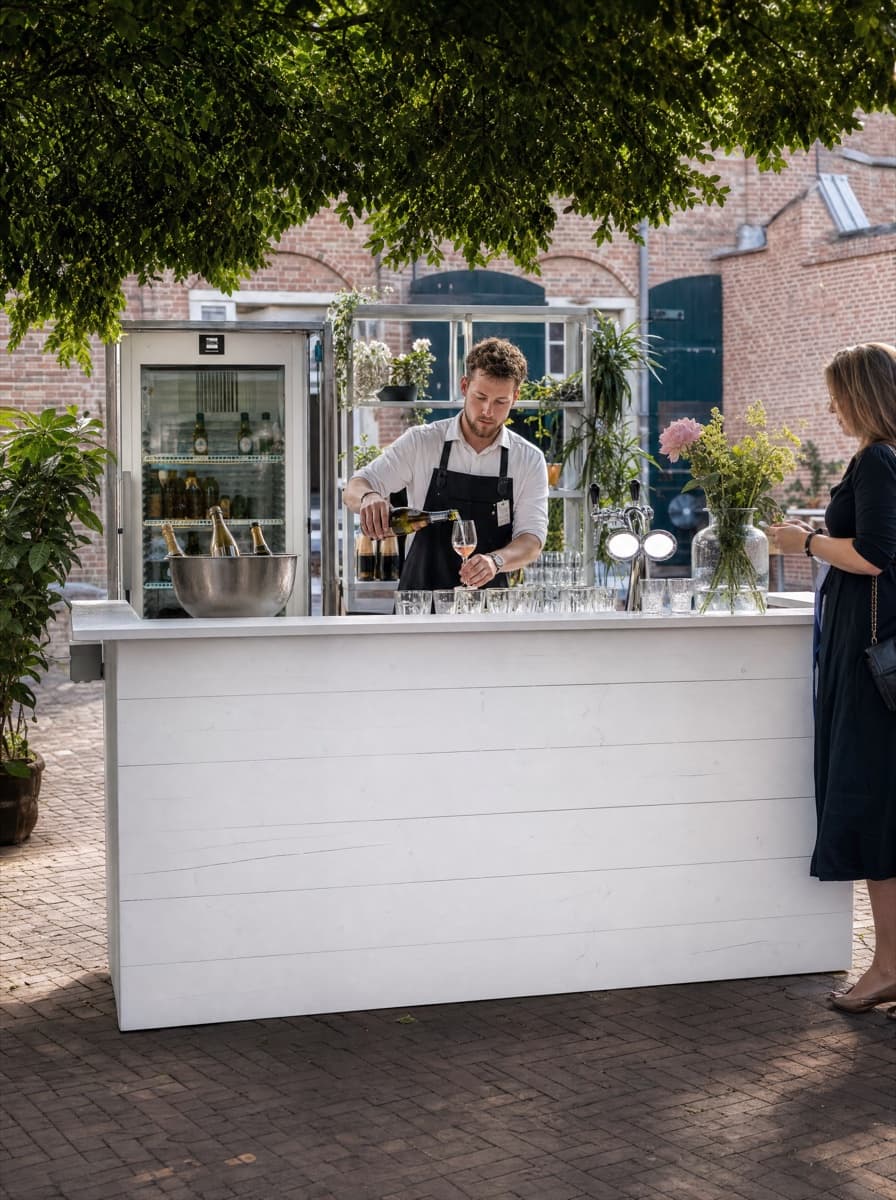 Barman achter een witte bar op een terras