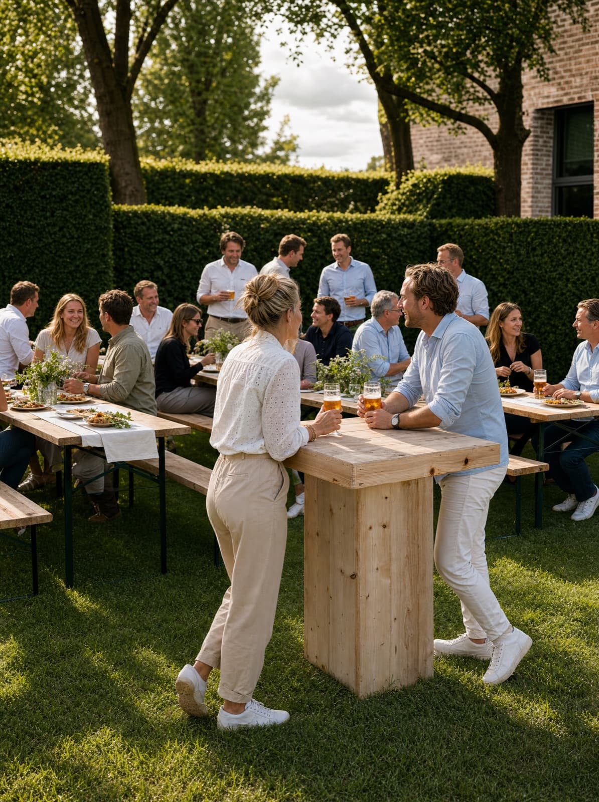 Gasten aan statafels tijdens een vrijdagmiddagborrel